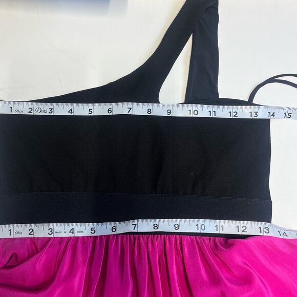 Michelle Mason One Shoulder Colorblock Silk Dress in Hot Fuchsia Pink and Black - Picture 12 of 13